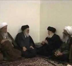 من اليمين اية الله العظمى الشبيخ بشير النجفي، اية الله العظمى السيد محمد سعيد الحكيم، اية الله العظمى السيد علي السيستاني، اية الله العظمى الشيخ الفياض